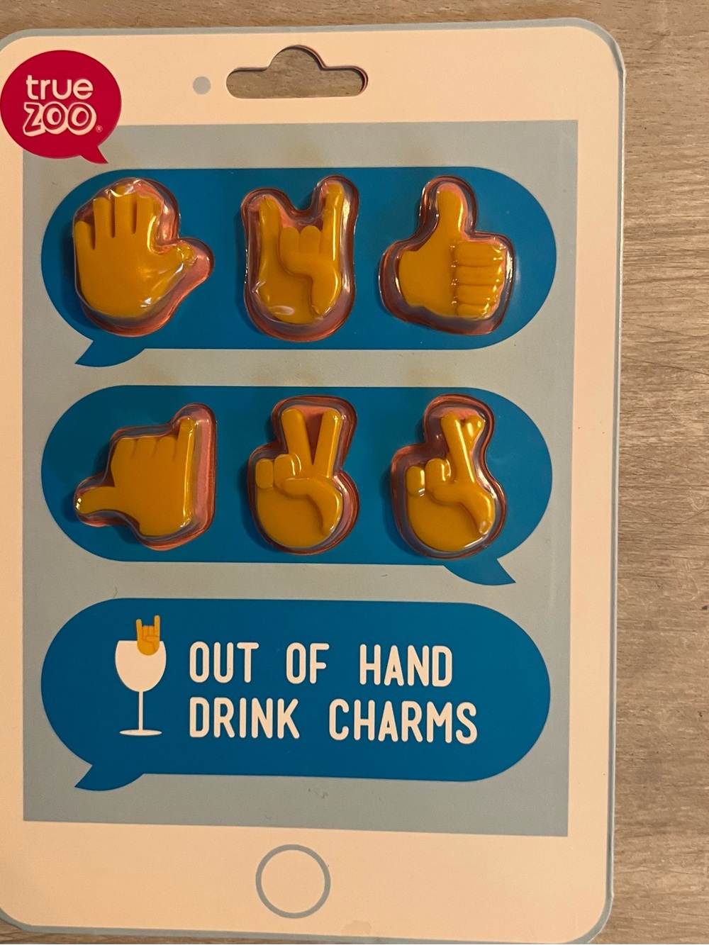 trueZOO Yellow Hand Gesture Drink Charms - Set of 6 for wine glasses